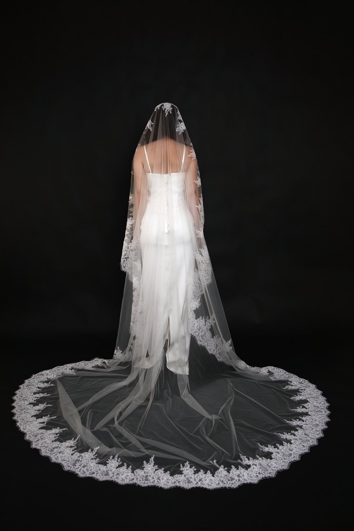 Back view of The Heirloom lace cathedral veil, the lace border forming a wide arc across the train