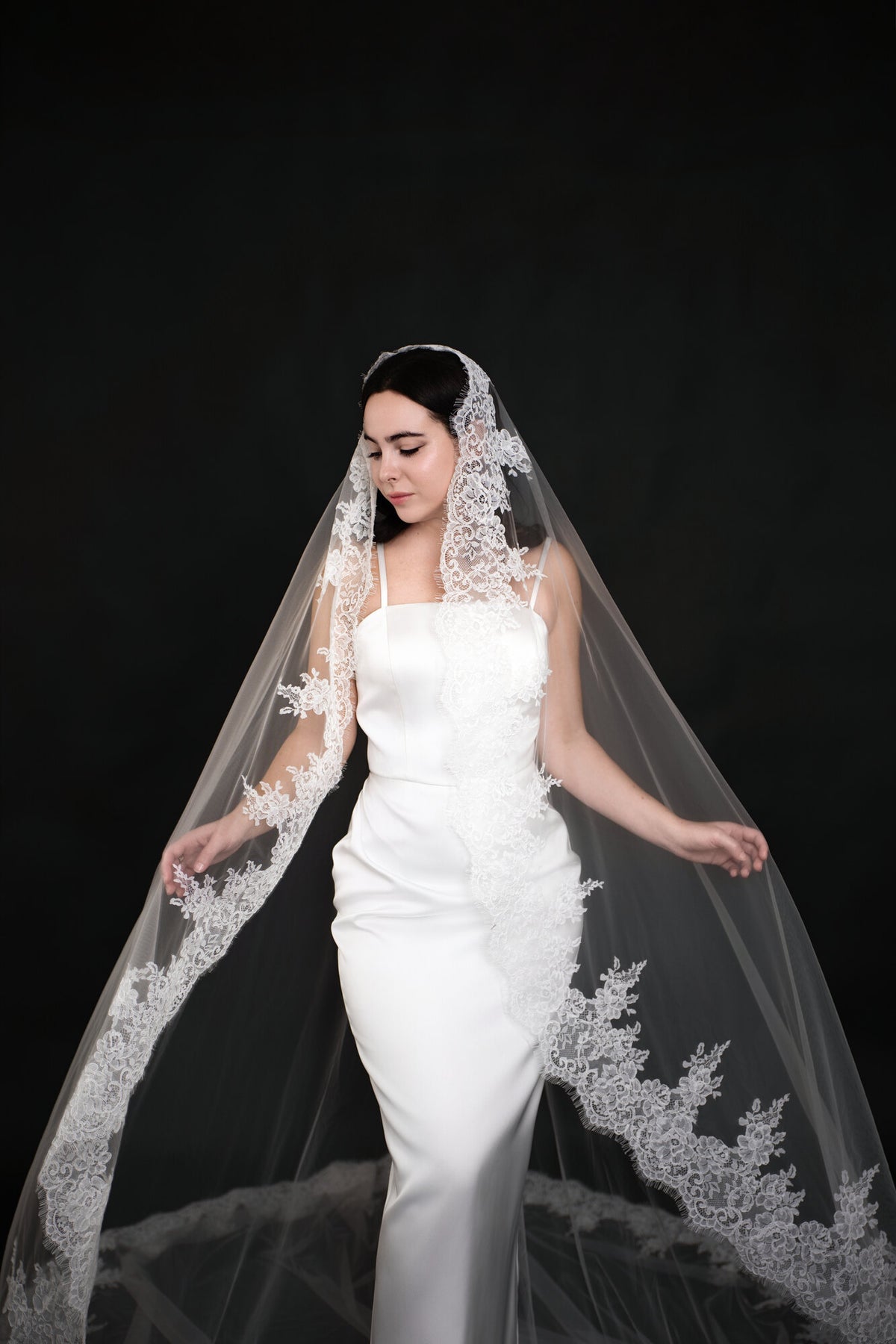 The Heirloom lace cathedral veil draped forward over both shoulders, lace border framing a fitted white gown