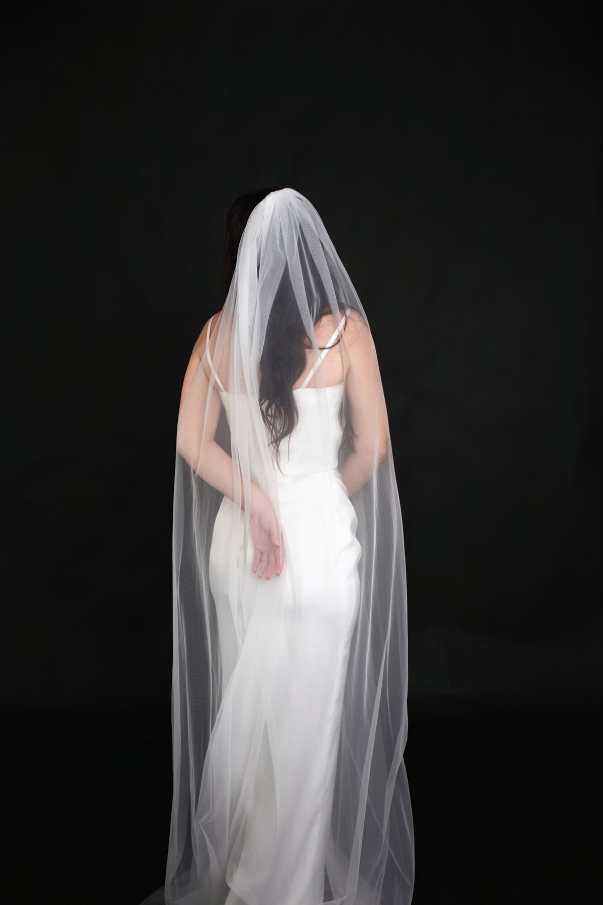 Back view of The Barely There single tier cathedral veil falling the full length of the gown with no visible trim along the edge